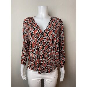 F. Michael Kors Top Size XL Wrap Blouse Print Multicolor Orange V Neck $98